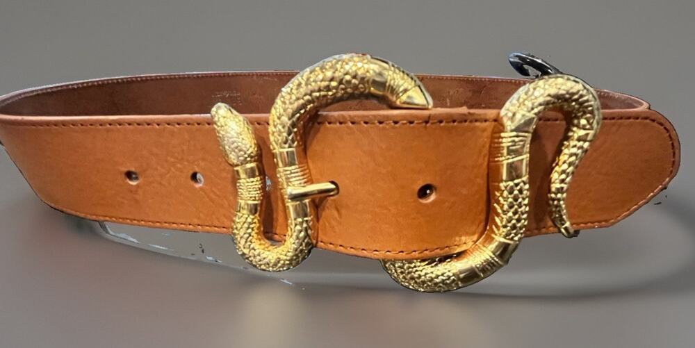 Herbert Frère Sœur Cognac Wide Fashion Belt Snake Buckle Gold-Tone Women 90
